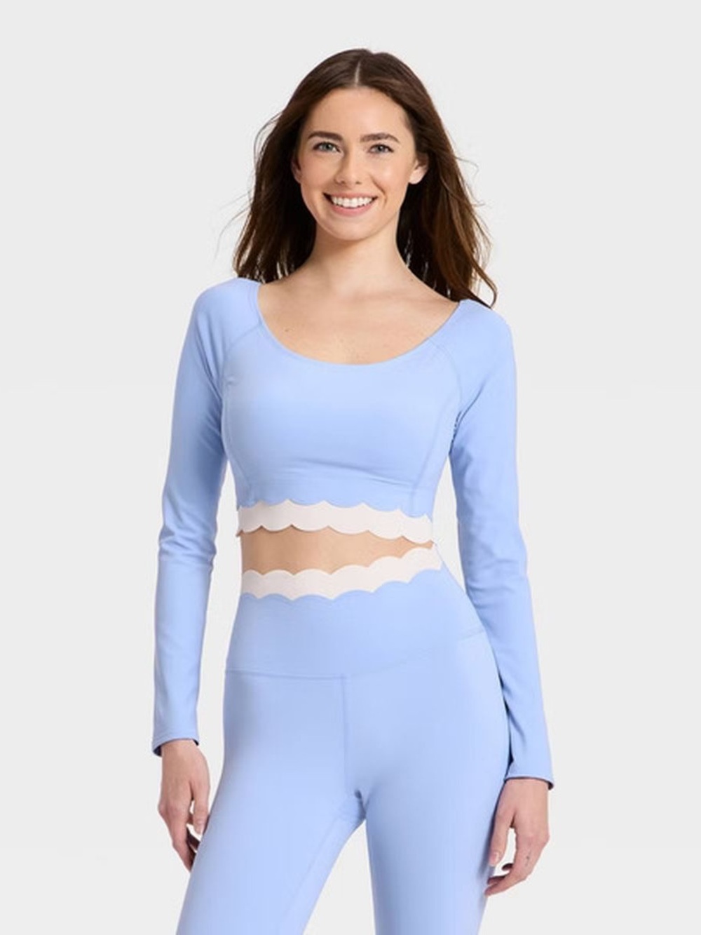 🩵‎ NWT JoyLab Scallop Cropped Support Long Sleeve Top Periwinkle Blue/Cream XS